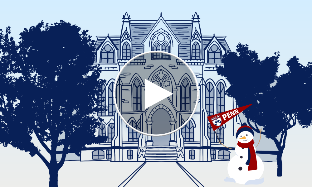 College Hall with Holiday Snowman and play button overlay